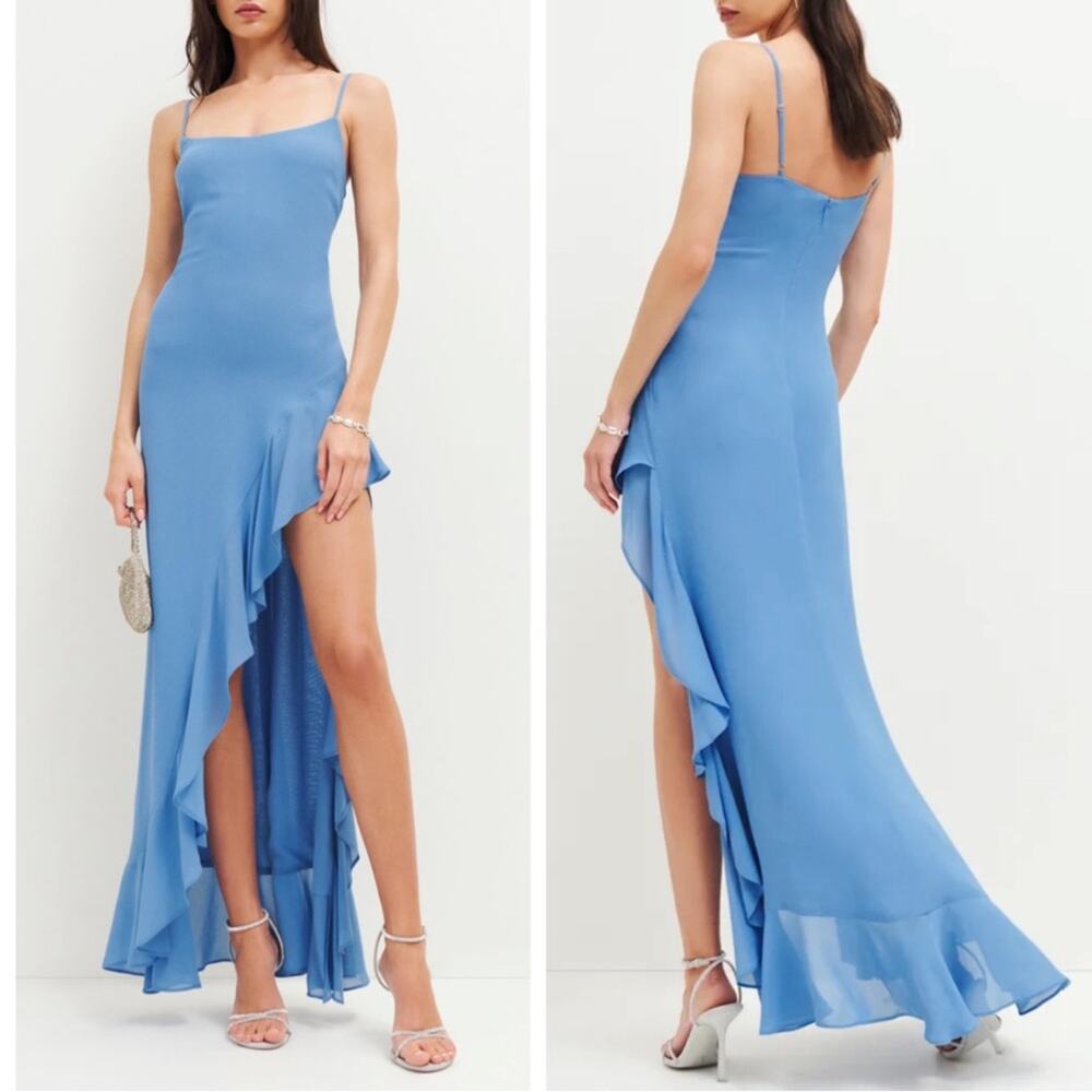 REFORMATION Winola Ruffle High Slit Azure Blue Maxi Dress Size XL